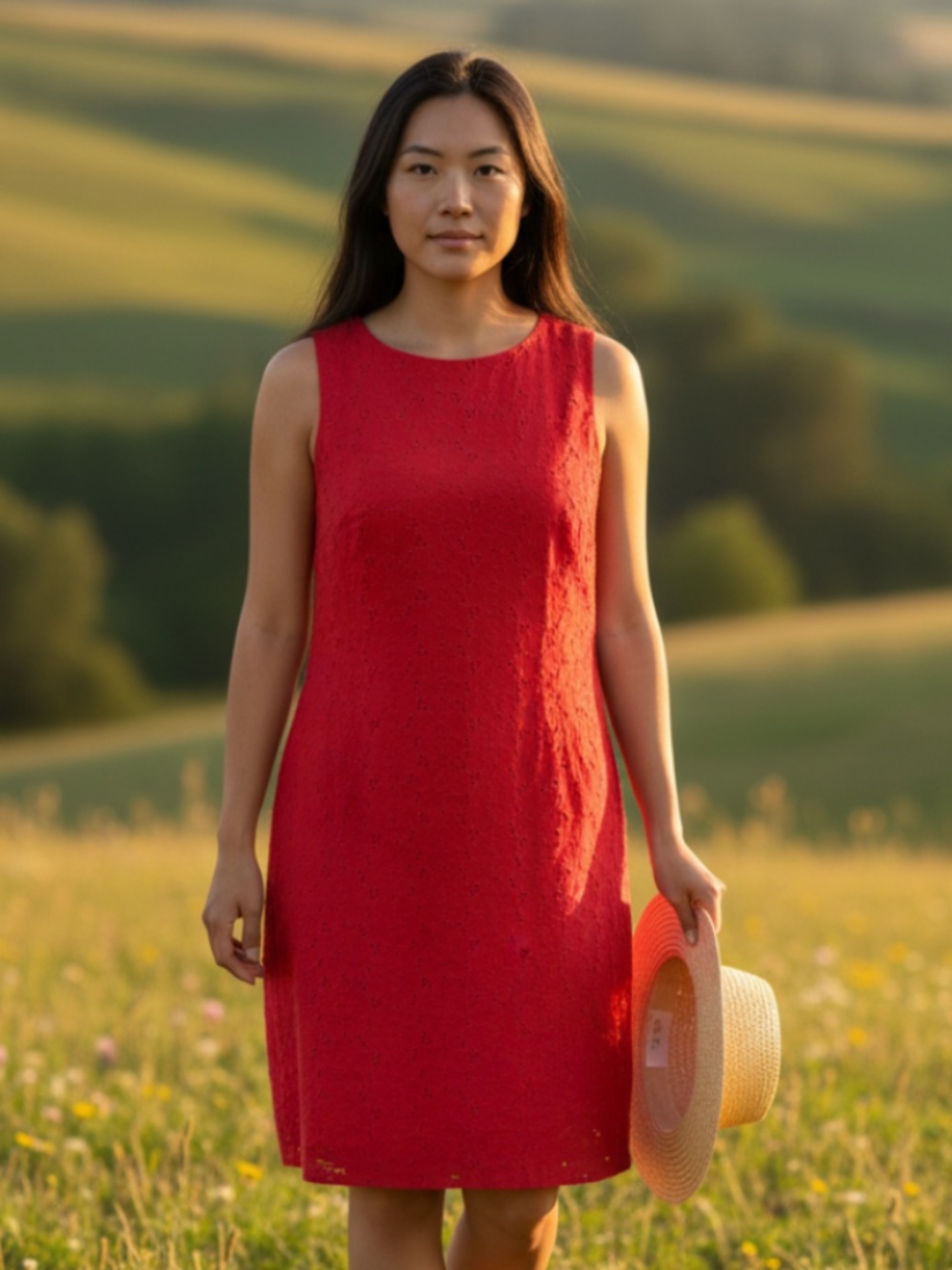 Coldwater Creek 8 Medium Shift Dress Linen Blend Eyelet Lace Red Slvlss